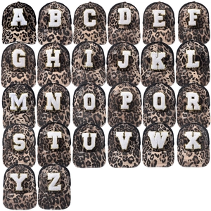 Set of 26 leopard print baseball caps with chenille letter patches and gold glitter trim