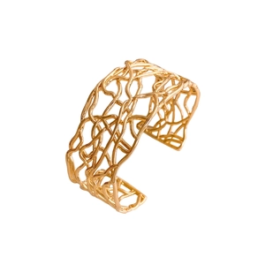 18K gold plated hollow crossover wide cuff bracelet with a minimalist bird nest design