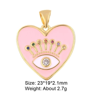 Detail of pink enamel heart pendant with evil eye motif and zircon stones, size 23x19mm