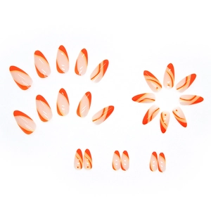 Faux ongles amande orange et nude brillants avec motifs diagonaux minimalistes de 24pcs