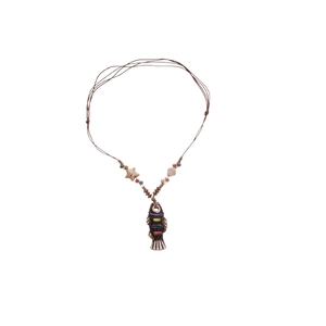 Ethnic ceramic fish pendant necklace with wood beads and starfish details on brown cord