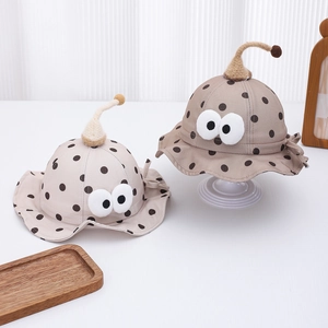 Baby-Sonnenhüte mit Punkten, Cartoon-Augen und 3D-Antennen in Beige und Khaki-Baumwolle