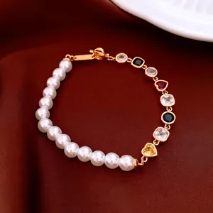 Bracelet En Künstliche Perles De Coquillage Vintage Pendentif Coeur Zircon Multicolore Cuivre Plaqué Or Pour Femmes Bijoux Rétro