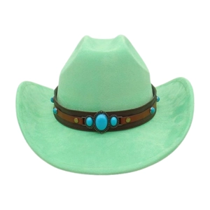 Mint green western cowboy hat with a brown leather band and blue stone accents