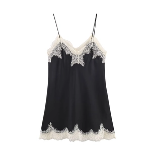 Elegant black satin slip dress with white lace trim and thin straps for women