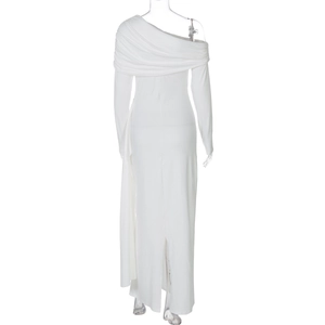Detail of elegant white one-shoulder long sleeve dress with waist tie on mannequin