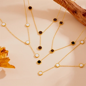 Collier à Gland en Acier Inoxydable à la Mode pour Femmes Pendentif Géométrique en Coquille Rond Carré Collier Chaîne en Y