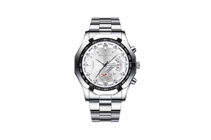 Detailed close-up of chronograph watch with silver dial and black tachymeter bezel