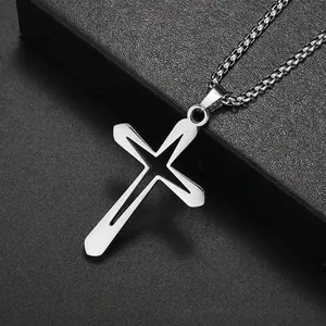 Minimalist silver stainless steel hollow cross necklace with geometric cutout design