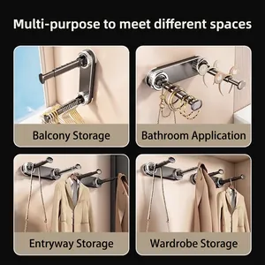 Wall-mounted retractable laundry rack shown in balcony, bathroom, and closet scenarios