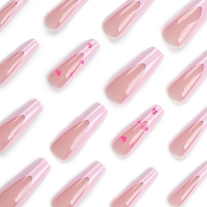 Pink French tip coffin press-on nails with heart and star designs for women