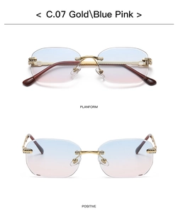 Detail of rimless square sunglasses with gradient blue-pink lenses and diamond accents