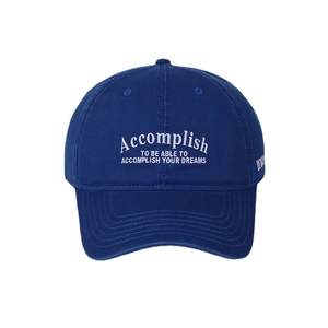 Classic royal blue cotton baseball cap with white embroidery Accomplish slogan on front