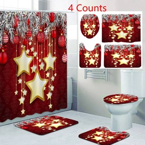 Detail of 4-piece red Christmas bathroom set with shower curtain and festive gold stars