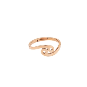 Polished rose gold stainless steel open ring with a zodiac cancer symbol on white background