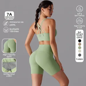 Set da Yoga in Nylon Elastan da Donna Reggiseno Sportivo Incrocio Posteriore E Pantaloncini Vita Alta Top E Bottom