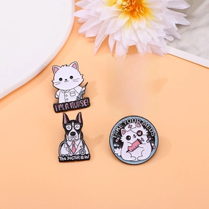 Cartoon animal doctor enamel pins featuring cute cats and dogs with medical motifs