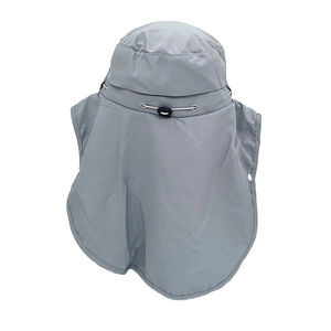 Detail of light grey sun hat featuring a long neck flap and adjustable chin strap cord