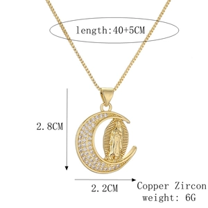 Detail of moon pendant with virgin Mary engraving, zircon accents, and 40+5CM chain length