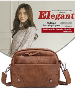 Petit sac bandoulière rétro marron avec plusieurs compartiments zippés en cuir synthétique