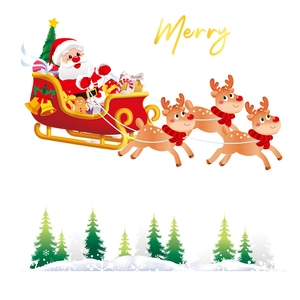 Christmas window stickers featuring Santa Claus in a reindeer sleigh with pine trees