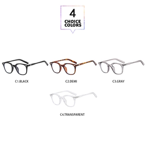 Four stylish square eyeglass frames shown in black, demi, gray, and transparent colors