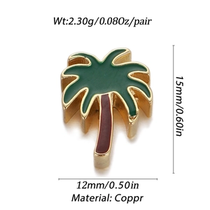 Coconut tree charm specifications showing 15mm height and 12mm width in copper material