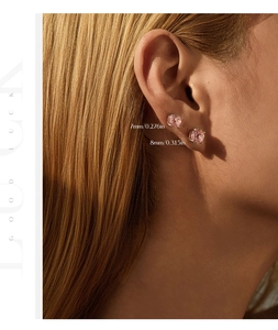 S925 silver pink stud earrings showing 7mm and 8mm size comparison on ear
