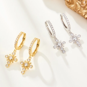 Elegant S925 silver hoop earrings with zircon cross star pendants in gold and silver