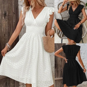 Robe Mi-longue Femme Col en V Broderie Anglaise Manche à Volants Taille Haute Smokée Été Décontracté Vacances