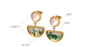 Detail showing dimensions of opal and green resin earrings with gold plating