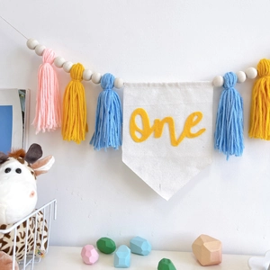 Nordic style one birthday high chair banner with colorful tassels and wood beads decor
