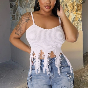 Sexy V Neck Rib Knit Tank Top With Distressed Fringe Hem Slim Fit Cropped Camisole For Women Summer Streetwear