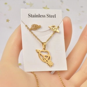Golden heart-and-arrow stainless steel necklace and earrings jewelry set for women