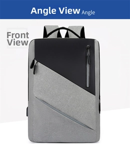 Front view of business laptop backpack featuring gray knit texture and waterproof design