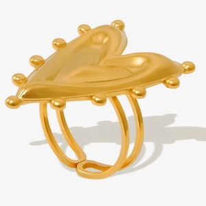 Minimalist gold 304 stainless steel heart ring with beaded edges and adjustable band