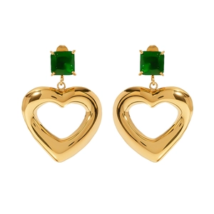 Gold-plated stainless steel earrings with emerald square zircon and heart-shaped pendants