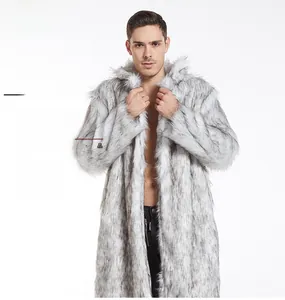 Detail of man wearing long faux fur coat with oversized collar in creamy white and grey