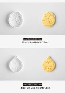 Detail view of Santa Claus cookie mold set with dimensions of 5x6cm and 5x6.2cm for baking