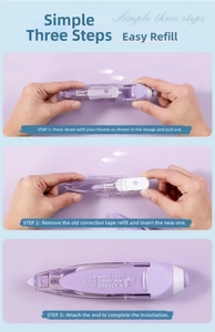 Three-step tutorial showing how to replace the 6m PET core in a purple correction tape pen
