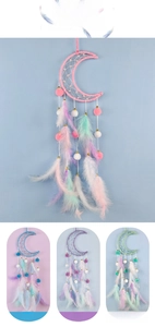 Moon dreamcatcher decor in pink blue purple and green with soft feathers and beads