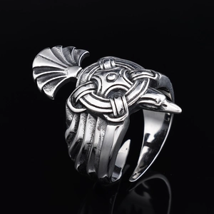 Vintage Nordic Sun Bird stainless steel ring with Viking raven engraving in silver