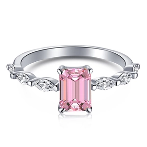 Elegant S925 silver ring featuring an emerald-cut pink zircon and marquise-cut side stones