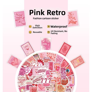 Detailed close-up of 60 pink retro stickers featuring waterproof and sunproof vinyl material