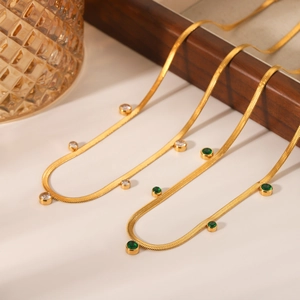 Round Cubic Zirconia Herringbone Snake Chain Necklace Gold Plated Stainless Steel Elegant Ins Style Jewelry Women