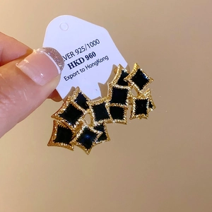 Vintage gold and black enamel geometric diamond earrings with S925 silver needles