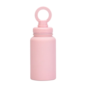 Close-up of pink stainless steel sports water bottle with a matte texture and ring lid
