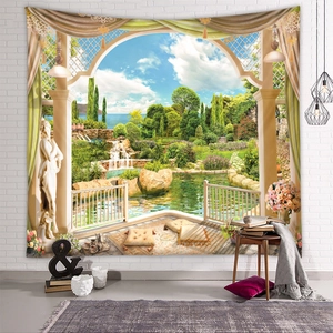 Detail of the 3D garden landscape tapestry showing classical arches and lush greenery