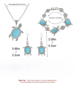 Detailed size specifications for bohemian turtle necklace, bracelet and earrings set