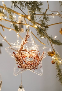 Star-shaped glowing Christmas glass ornament with LED lights and berries detail
